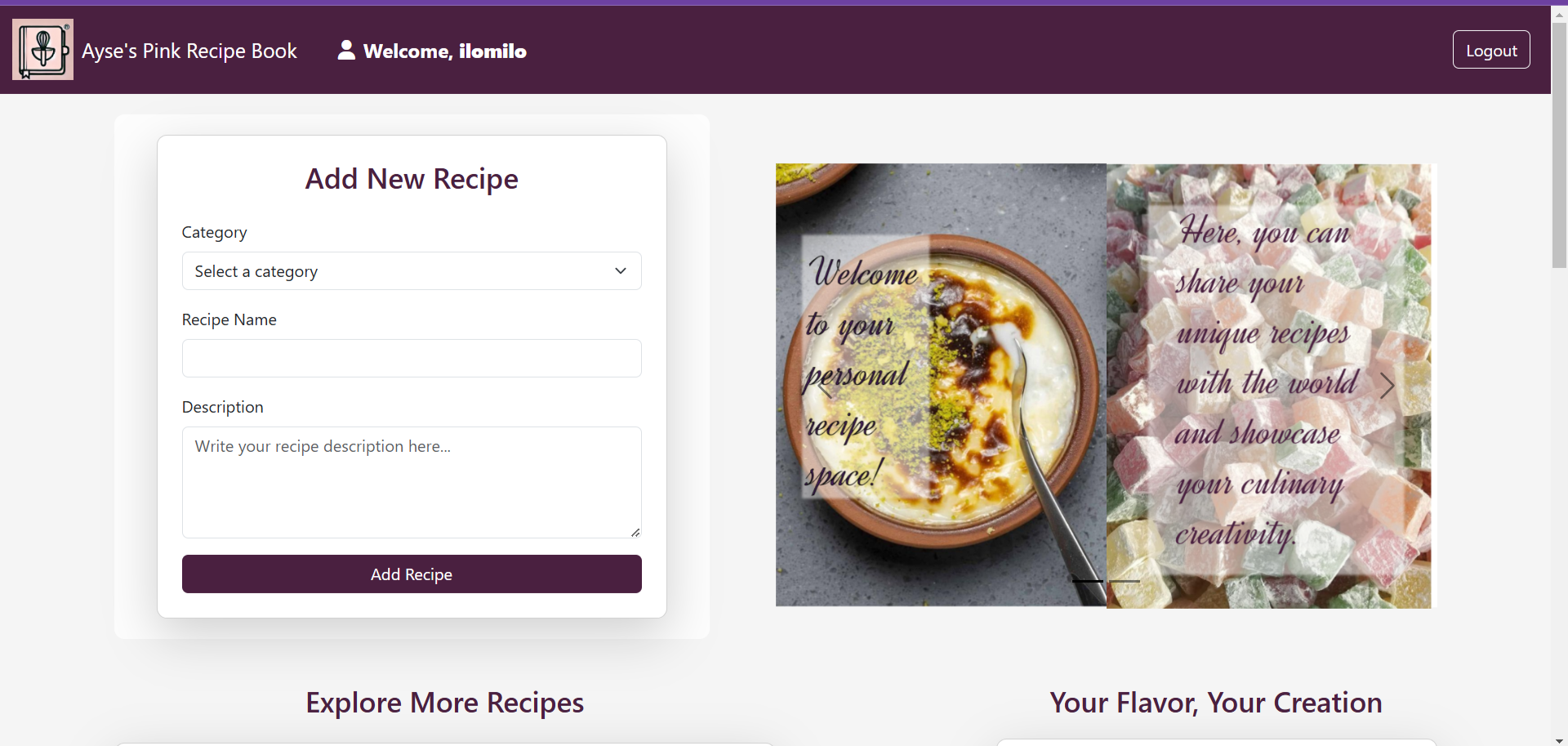 Pink Recipe Book add recipe form